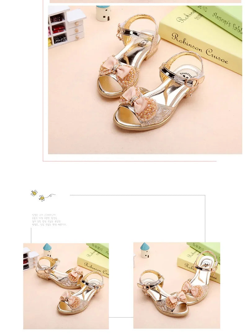 Sandalias de princesa de verano para niños, zapatos antideslizantes de tacón bajo con lentejuelas para niñas, sandalias de playa informales y versátiles con lazo a la moda