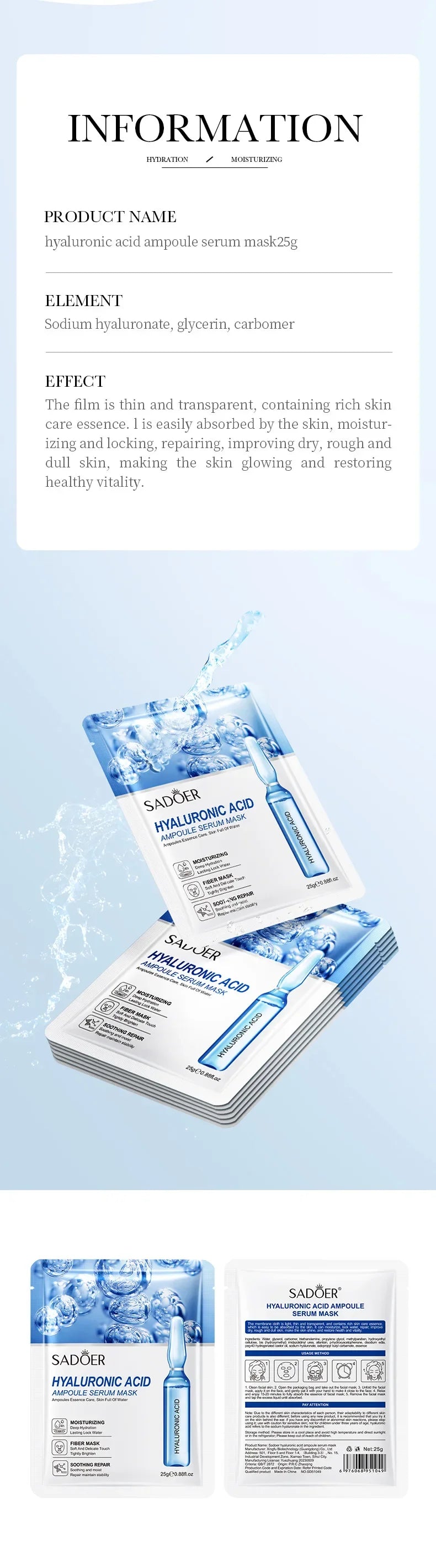 10 Uds SAODER máscaras faciales de ácido hialurónico cuidado de la piel reafirmante mascarilla Facial hidratante productos para el cuidado de la piel Facial