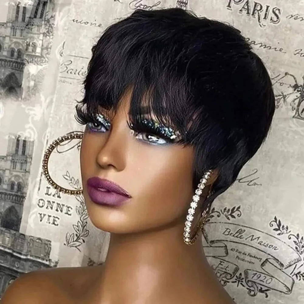 Peluca corta de corte Pixie, cabello humano para mujeres negras, pelucas hechas a máquina con flequillo, peluca corta, pelucas de cabello humano