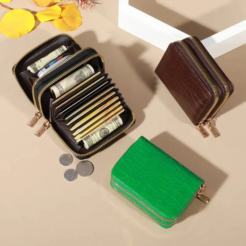 Cartera elegante para mujer con múltiples tarjetas: bolso de mano seguro con doble cremallera |   Monedero casual de cuero PU con bolso de tarjeta de cocodrilo de almacenamiento de estilo