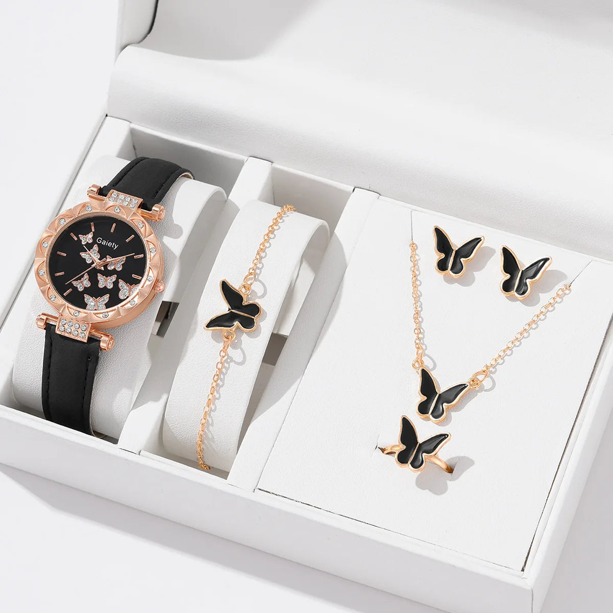 Conjunto de joyería de mariposa (sin caja), relojes para mujer, relojes de cuero para mujer, anillos, collar, pendientes, pulsera, regalo de boda