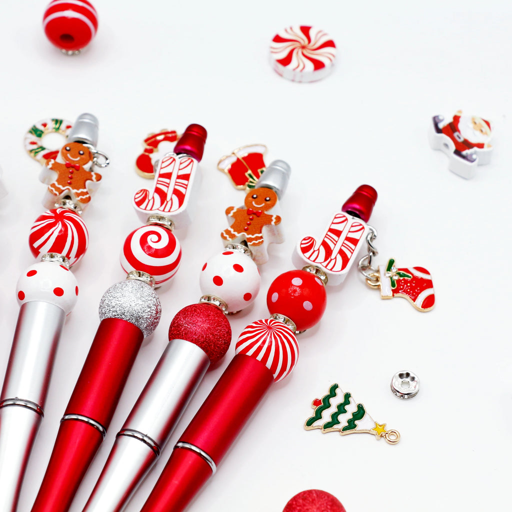 8 Uds. Bolígrafo con cuentas y colgante de cuentas DIY con temática de dulces navideños de color rojo y plateado, regalos de Navidad, suministros de estudio de oficina