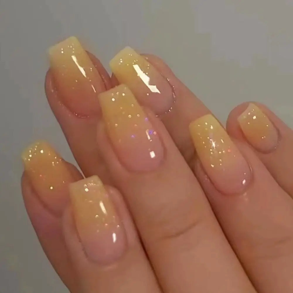 24 Uñas Postizas Degradadas Francesas Estilo Bailarina, Resistentes al Agua, Forma Ataúd Mediano, Uñas Falsas, Puntas de Uñas a Presión