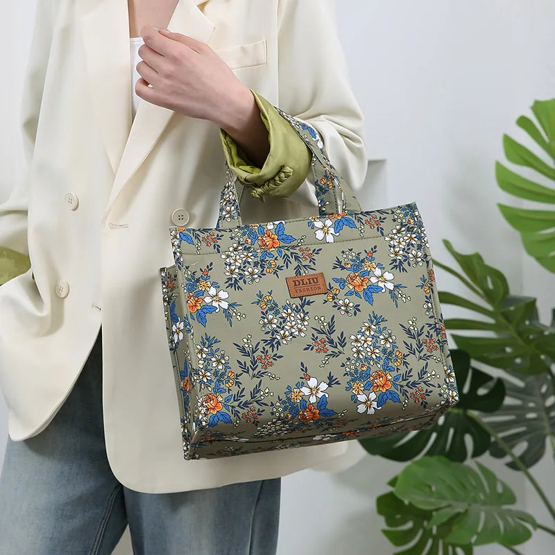 Bolso de mano grueso de gran capacidad con estampado de nailon de nuevo estilo, bolsa de almacenamiento para fiambrera semicerrada con cremallera portátil de trabajo, bolsa bento