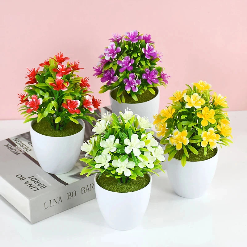 Flores Artificiales de Ciruelo de Cinco Hojas, Plantas Pequeñas en Maceta, Aptas para Interiores y Exteriores, Ideales para Decoración del Hogar y Bodas