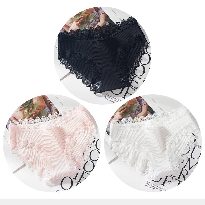 Bragas de algodón para mujer, bragas de encaje sexis, bragas de Color sólido para niñas, juego de ropa interior, ropa interior, Dropshipping 3 unids/lote