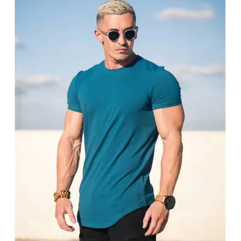 Camiseta de entrenamiento muscular, camiseta de manga corta de entrenamiento de verano para hombre, camiseta de fitness de algodón de alta calidad para hombre, camisetas de color sólido para gimnasio