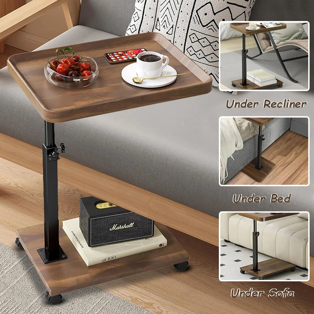 Carro rodante ajustable, mesita de noche, escritorio para ordenador portátil, cama médica para el hogar, bandeja de comida 360 °   Mesa giratoria para sofá y oficina en casa