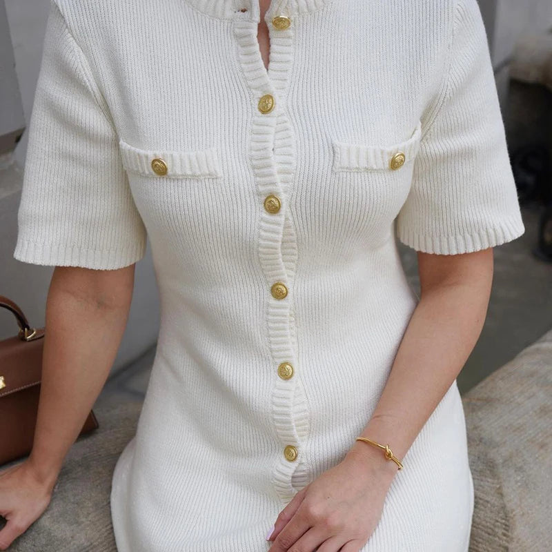 Minivestido blanco elegante de punto para mujer, suéter Sexy ajustado con botones de Metal, trajes de fiesta de vacaciones, otoño 2024