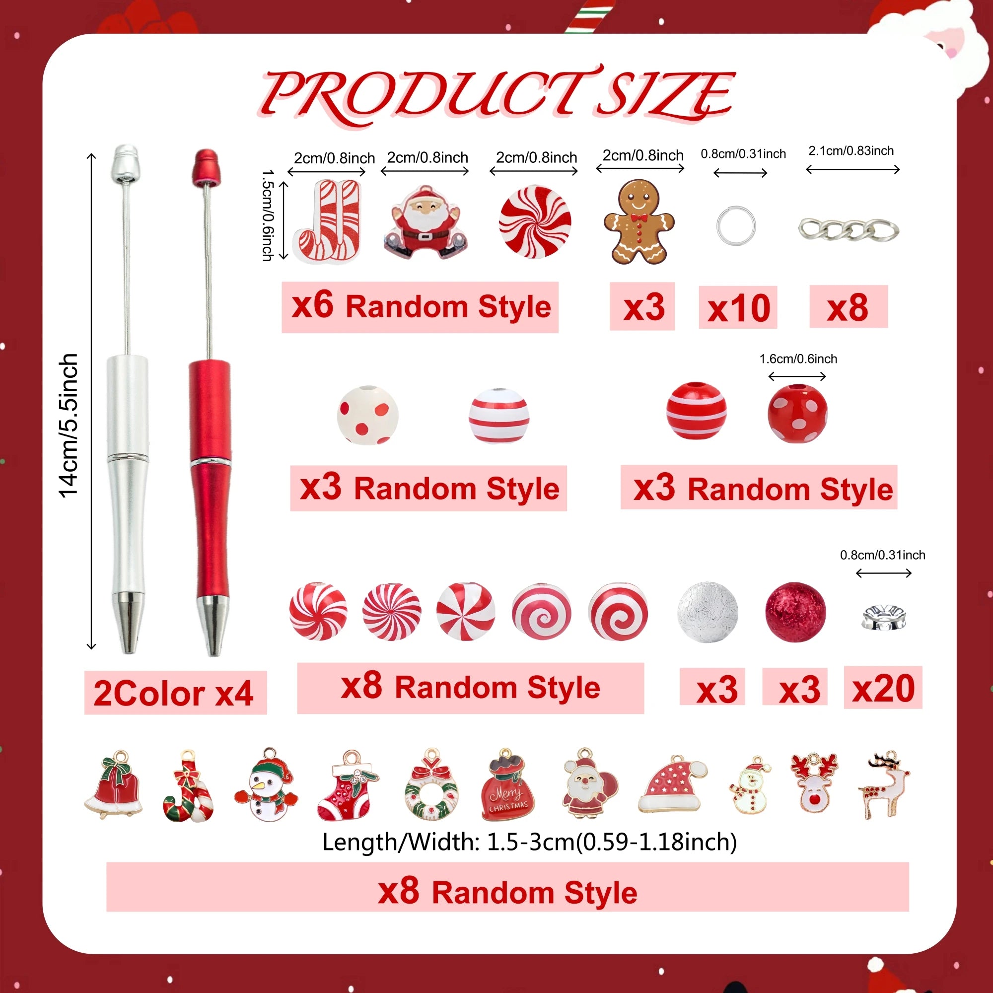 8 Uds. Bolígrafo con cuentas y colgante de cuentas DIY con temática de dulces navideños de color rojo y plateado, regalos de Navidad, suministros de estudio de oficina