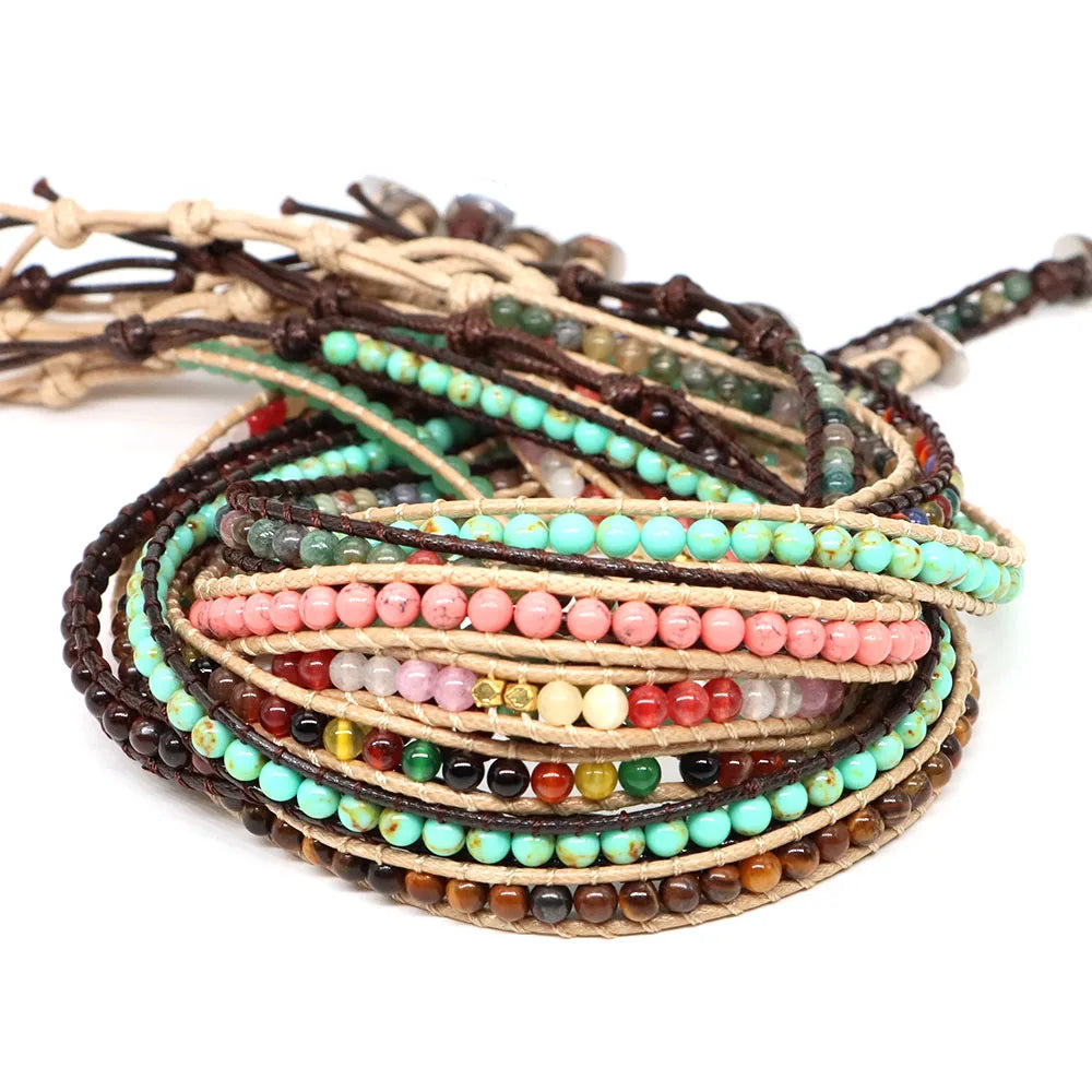 Pulsera de cuentas bohemias de piedra Natural, lapislázuli, 2 hebras, brazalete tejido de cuerda de cuero multicapa para mujeres y hombres, regalo de joyería