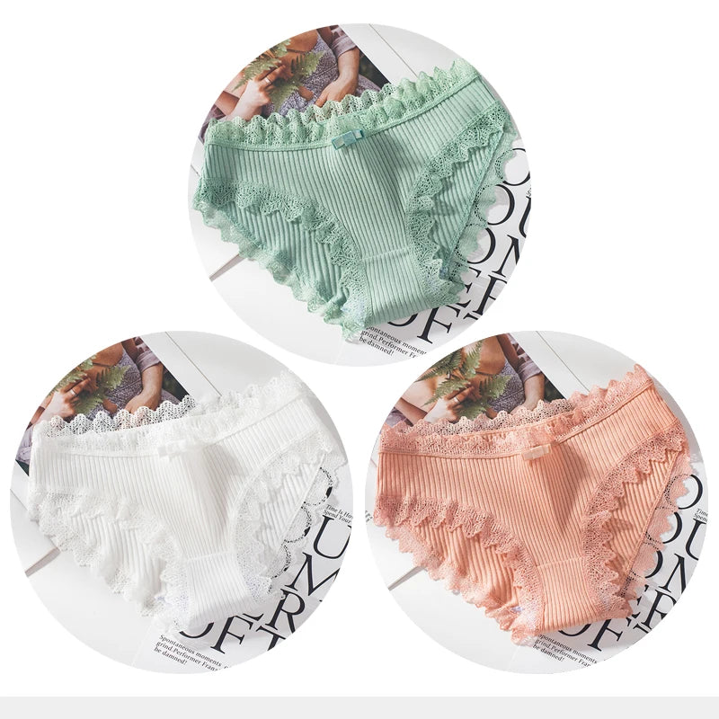 Bragas de algodón para mujer, bragas de encaje sexis, bragas de Color sólido para niñas, juego de ropa interior, ropa interior, Dropshipping 3 unids/lote