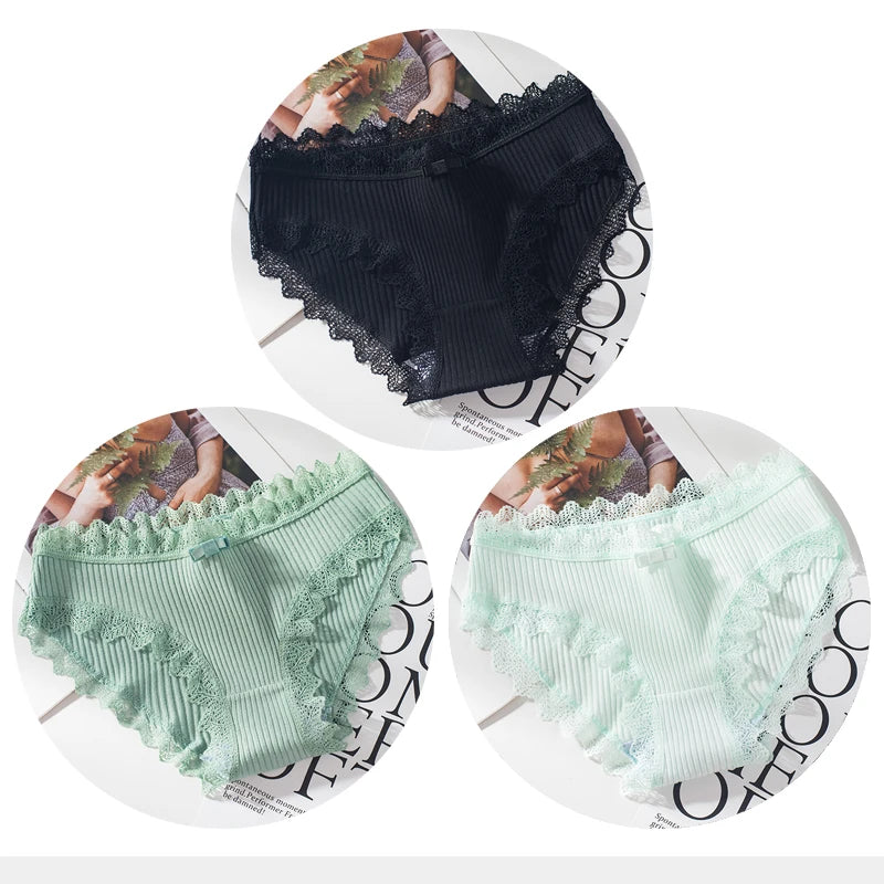 Bragas de algodón para mujer, bragas de encaje sexis, bragas de Color sólido para niñas, juego de ropa interior, ropa interior, Dropshipping 3 unids/lote