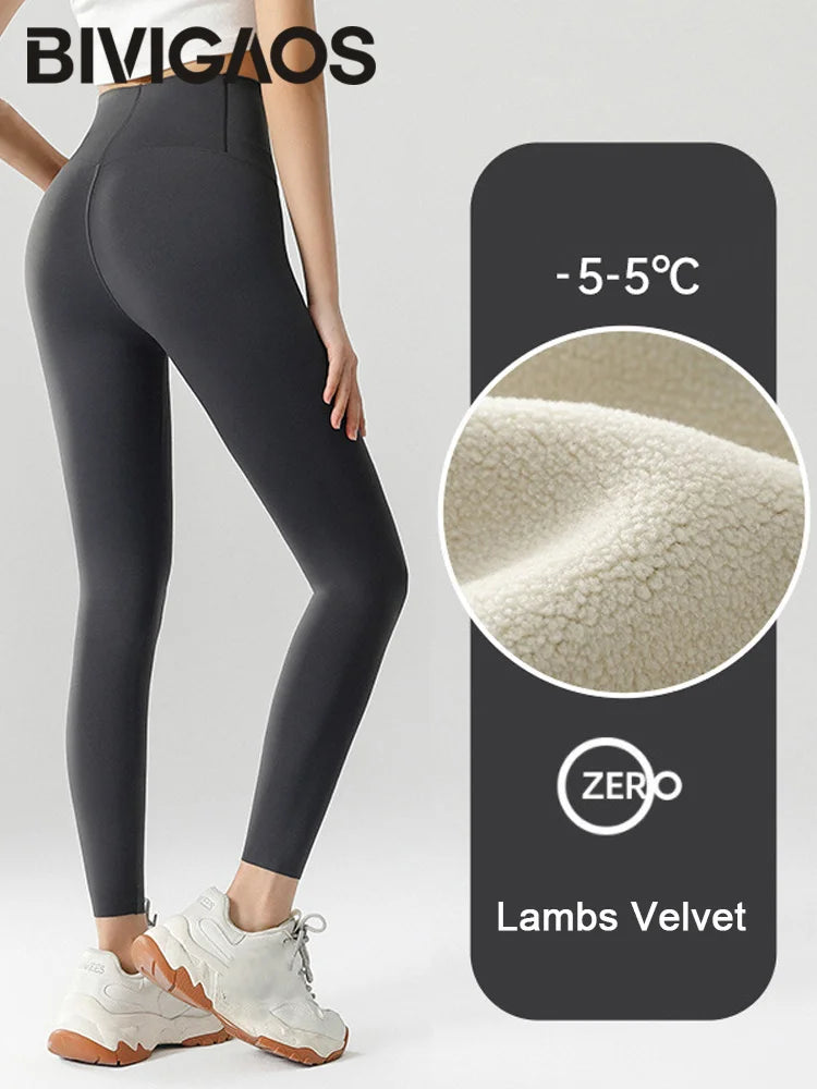 BIVIGAOS-mallas gruesas de terciopelo de Alpaca para mujer, mallas de tiburón negro, cintura alta, ajustadas, sin costuras, cálidas, para otoño e invierno