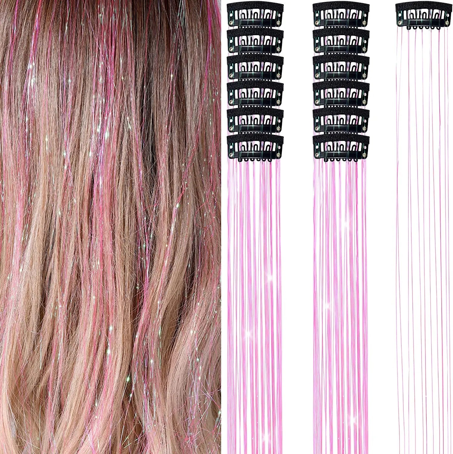 6 uds 50cm chispeantes pelo brillante oropel extensiones de cabello oropel extensiones de Clip de pelo sintético mujeres para tocado trenzado