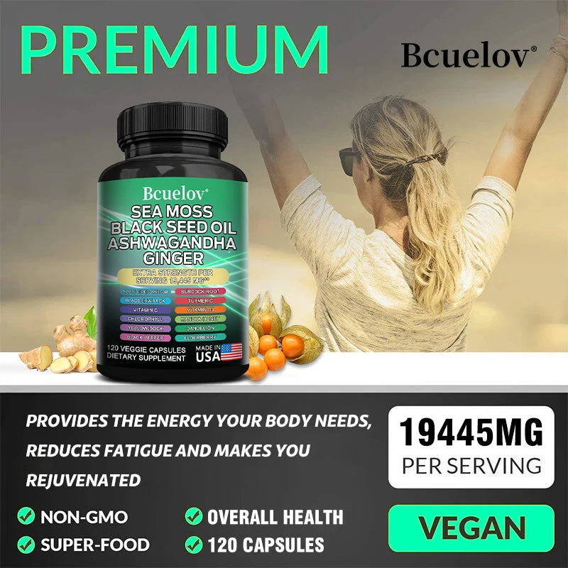Musgo marino, aceite de semillas negras, ashwagandha, jengibre - Fortalece el sistema inmunitario, promueve la digestión y la salud de las articulaciones, 120 cápsulas