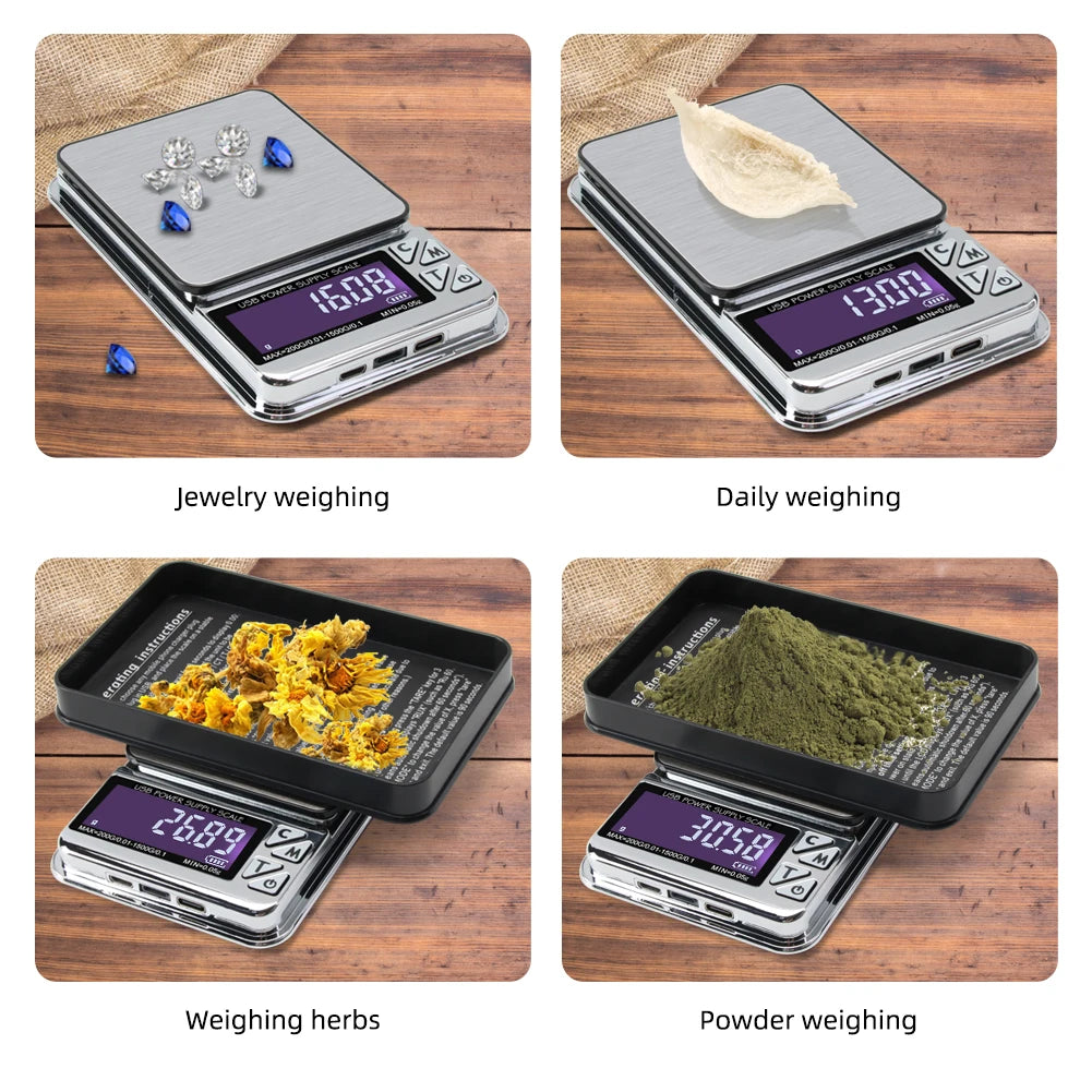 Báscula Digital para joyería, alta precisión, 200g/1000g x 0,01g, precisión, conteo inteligente, balanza de alimentos con gemas, báscula de bolsillo para cocina, carga USB