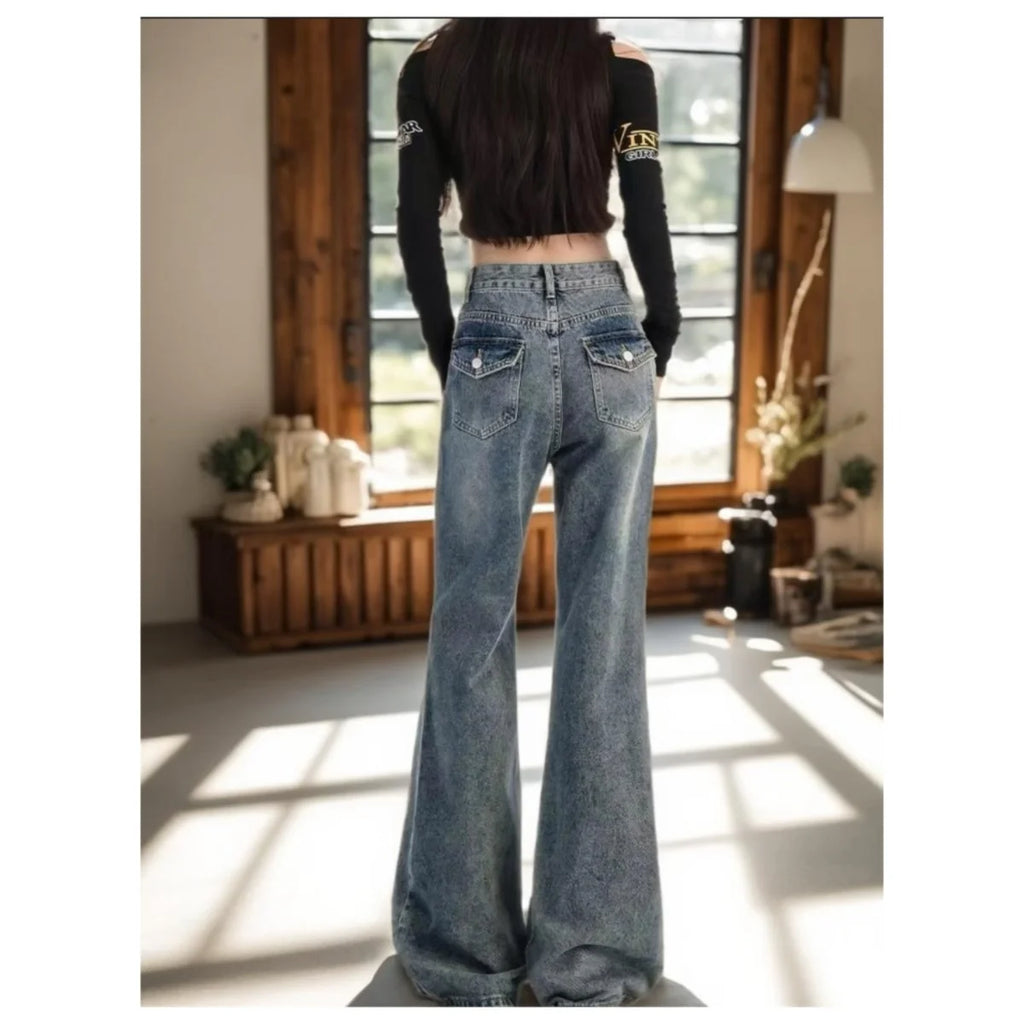 Jeans de Cintura Alta para Mujer, Estilo Retro Americano, Pantalones Vaqueros Casuales, Estilo Chica Moderna, Pantalones Largos Versátiles para Uso Diario