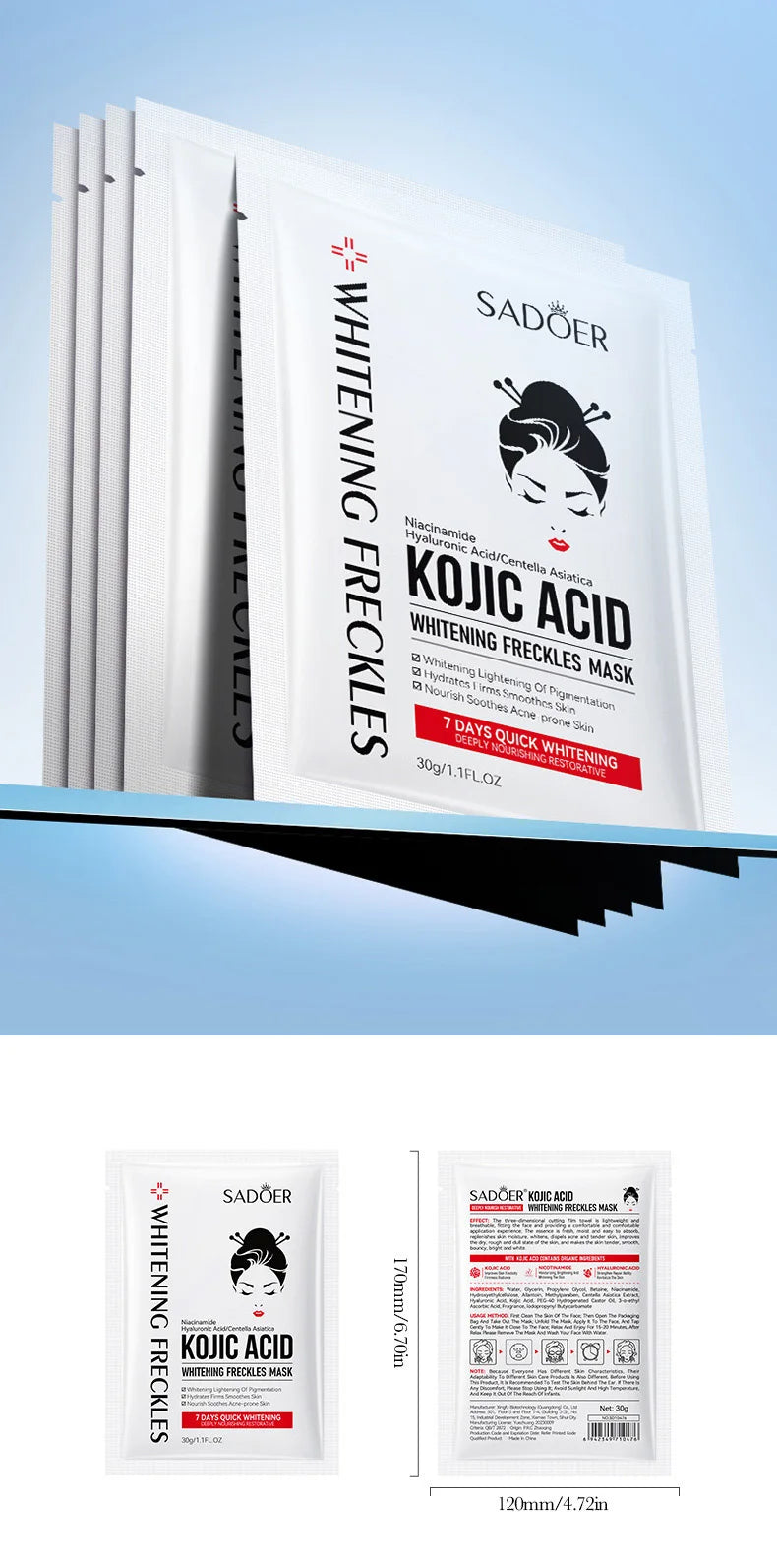 5 uds SADOER mascarilla Facial de ácido kójico hidratante brillo mascarillas faciales mascarilla de hoja belleza productos para el cuidado de la piel