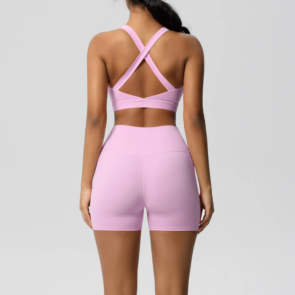 Ropa deportiva con bolsillo para mujer, conjunto de Yoga, ropa de gimnasio, trajes de Yoga para mujer, chándales, pantalones cortos deportivos, sujetador cruzado, mallas de gimnasio, 2 uds.
