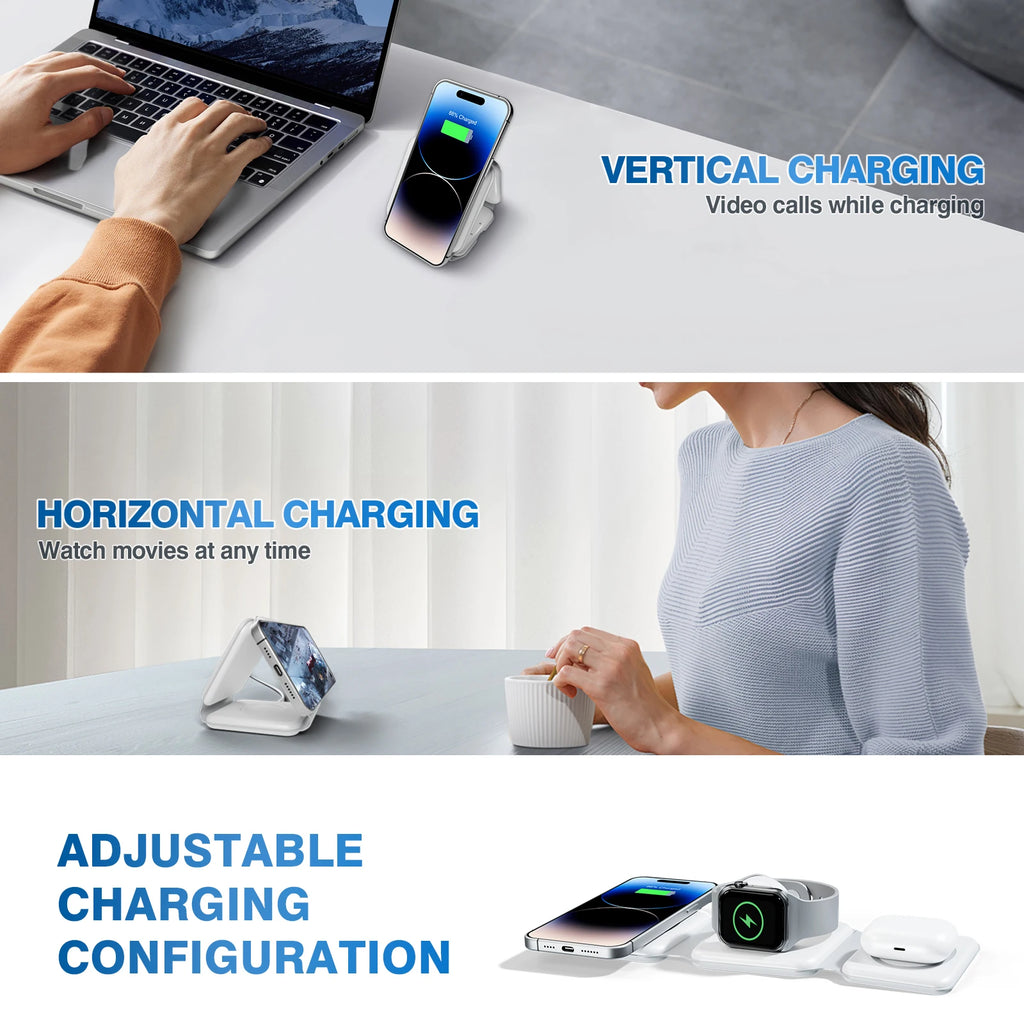 Cargadores inalámbricos magnéticos de 15W, base de carga plegable 3 en 1 para teléfono, carga rápida de viaje para Apple Watch IPhone 14/13/12/11/X AirPods