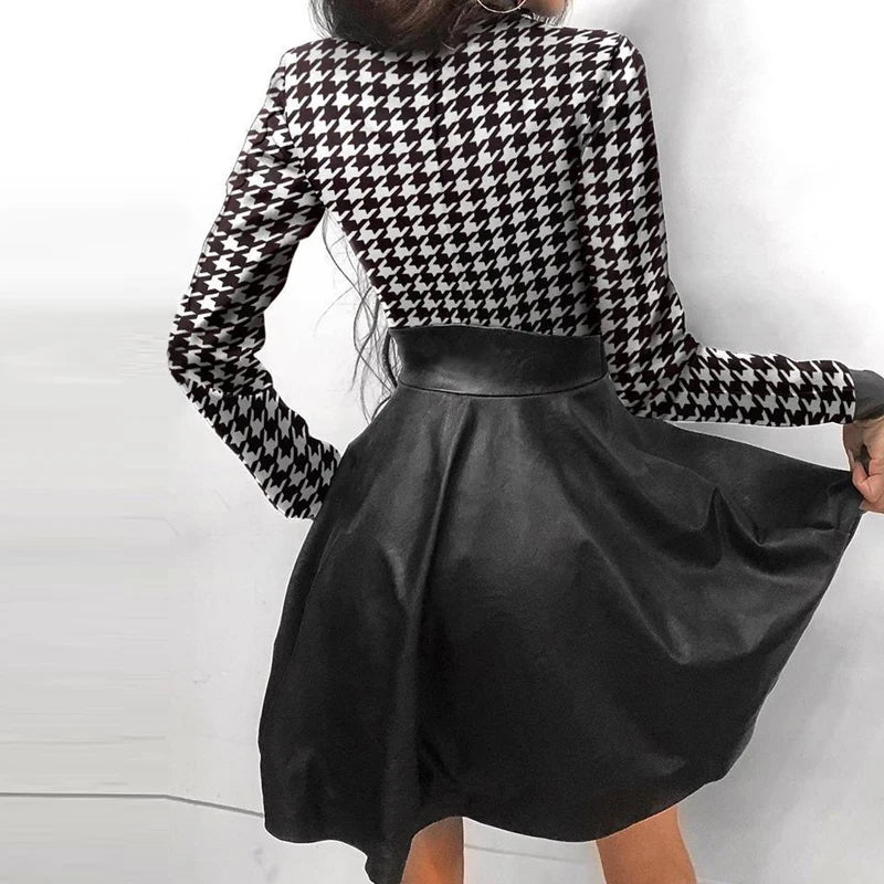 Minivestido Sexy para mujer, Vestidos de fiesta de retazos, manga larga, encaje, bolsillos con cremallera, cuello alto, botones, Delgado