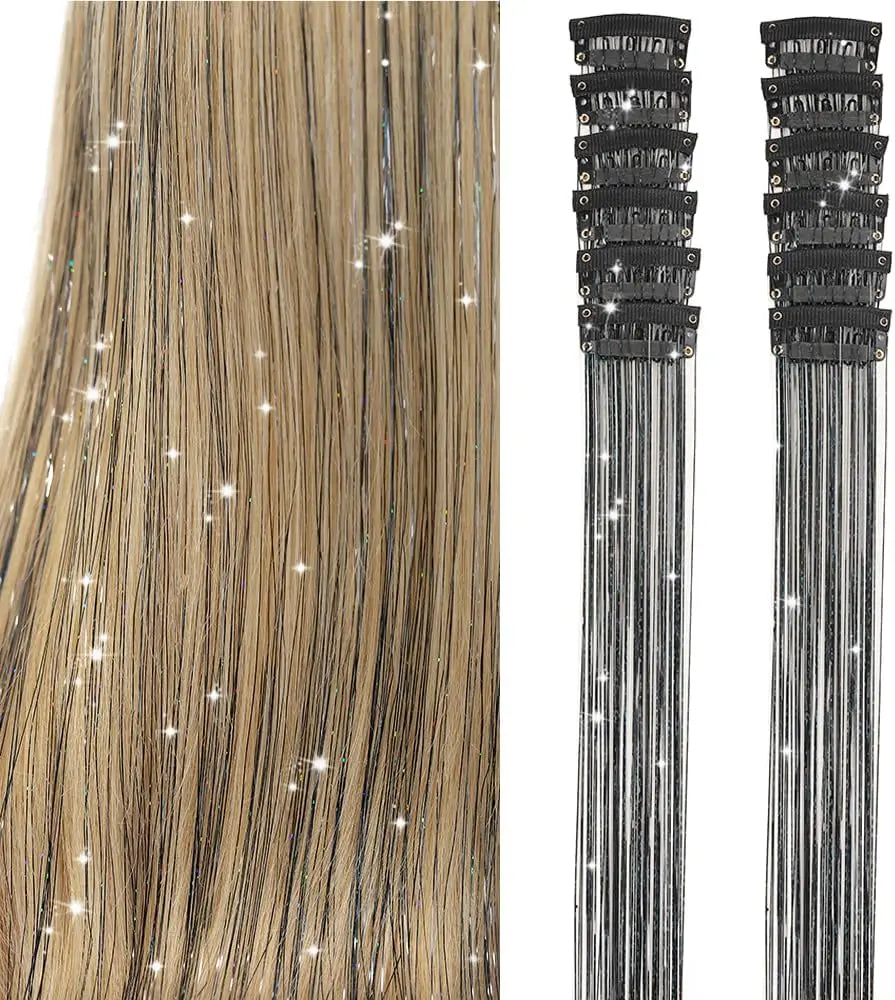 6 uds 50cm chispeantes pelo brillante oropel extensiones de cabello oropel extensiones de Clip de pelo sintético mujeres para tocado trenzado
