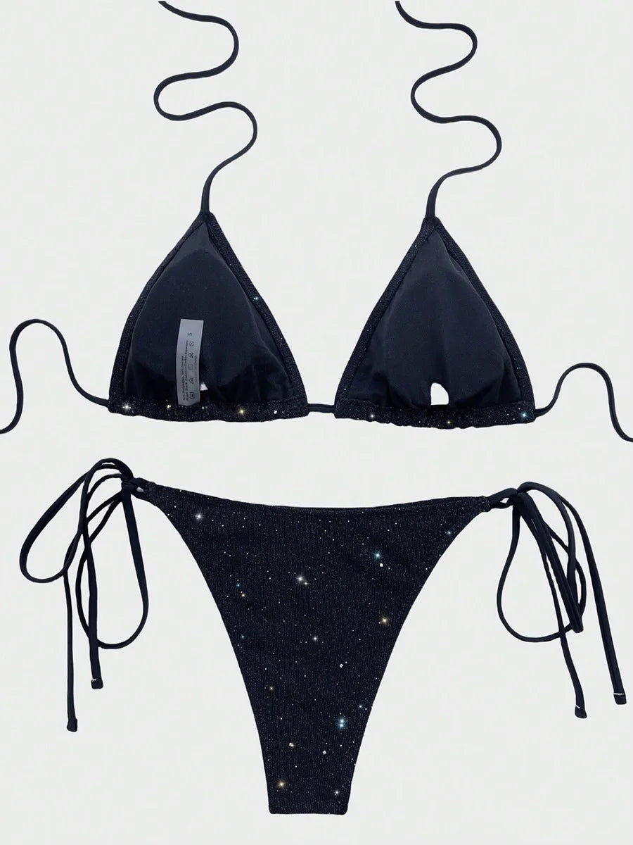 Bikini brillante con tiras y cuello Halter, Bikinis de corte alto para mujer, traje de baño para mujer, conjunto de Bikini de dos piezas, traje de baño 2025