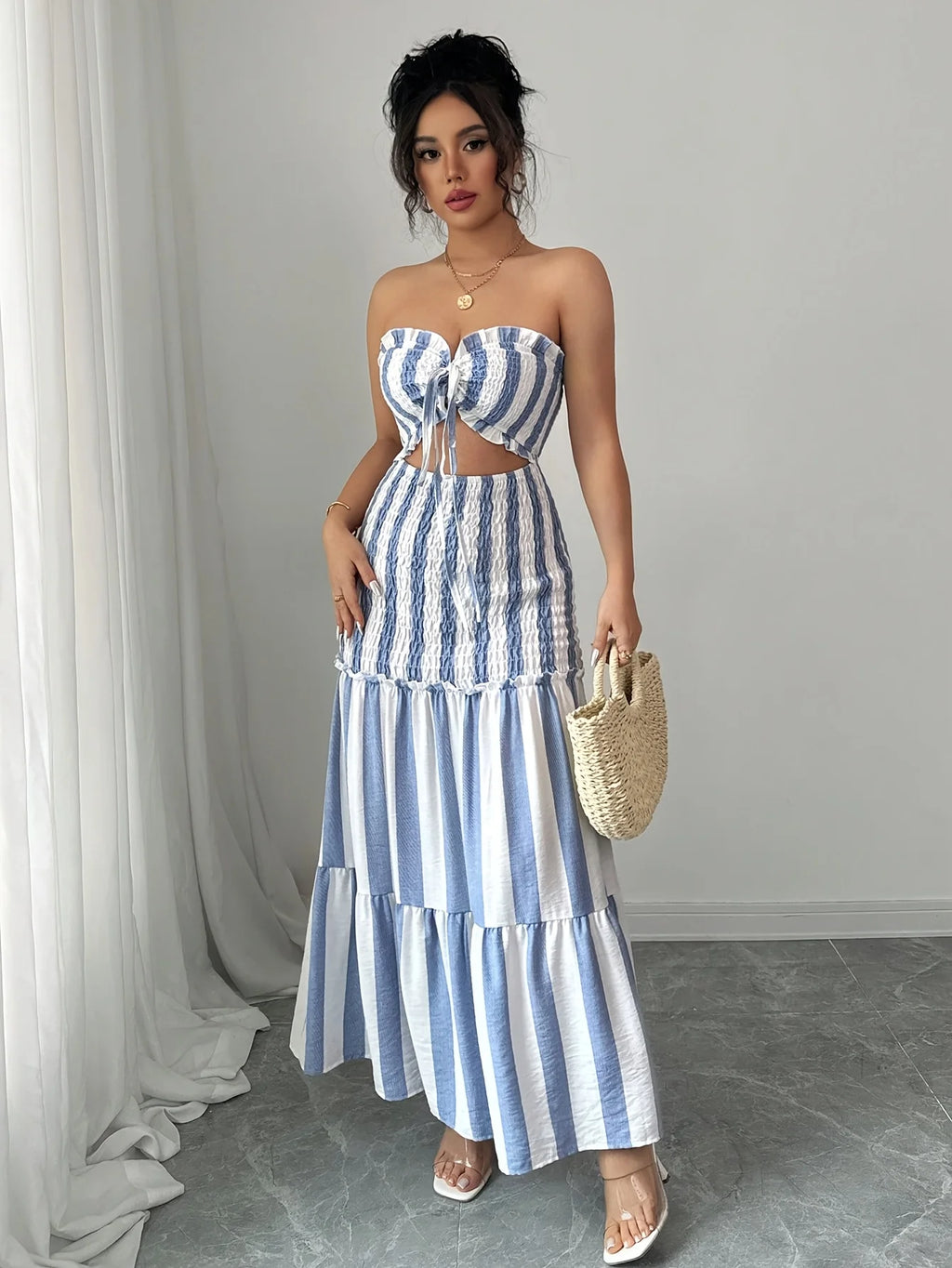Vestido a Rayas de Moda con Hombros Descubiertos, Falda con Trenzas Delanteras, Elegante Vestido para Damas
