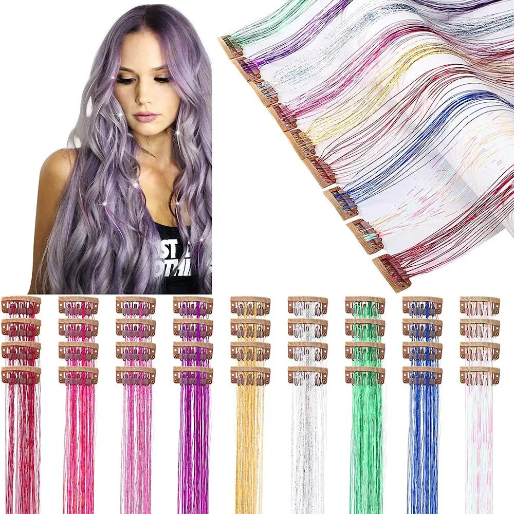 6 uds 50cm chispeantes pelo brillante oropel extensiones de cabello oropel extensiones de Clip de pelo sintético mujeres para tocado trenzado