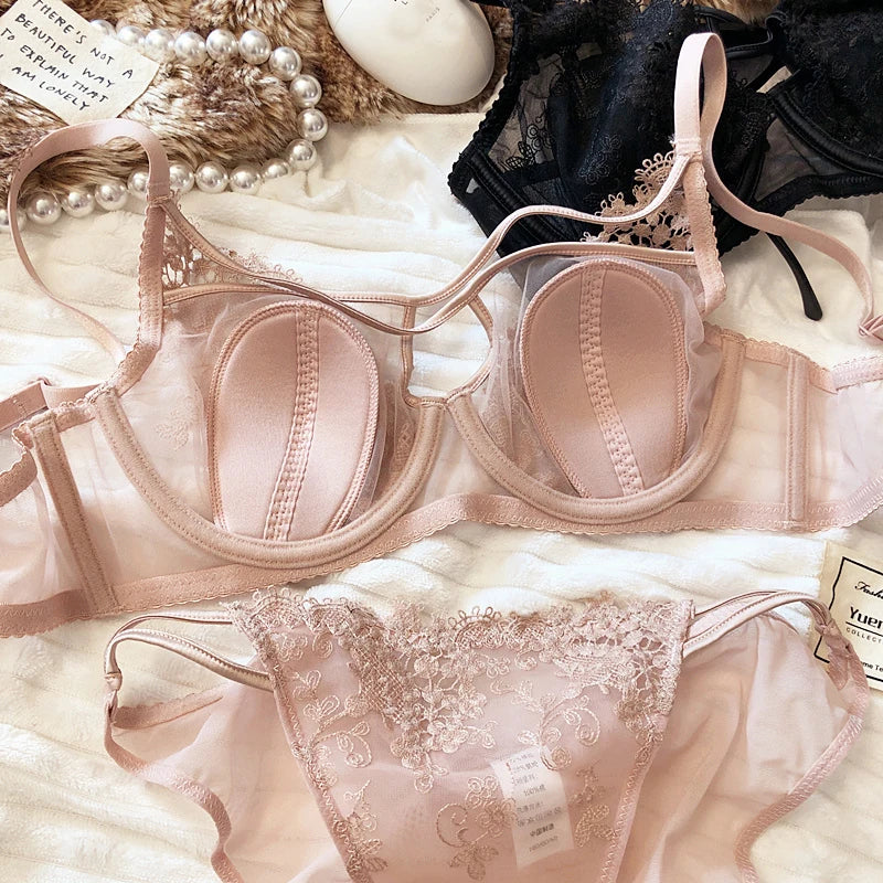 Ropa interior Sexy hueca para mujer, Conjunto de sujetador de realce con copa ultrafina francesa, bordado Floral de encaje, bragas con correa ajustable