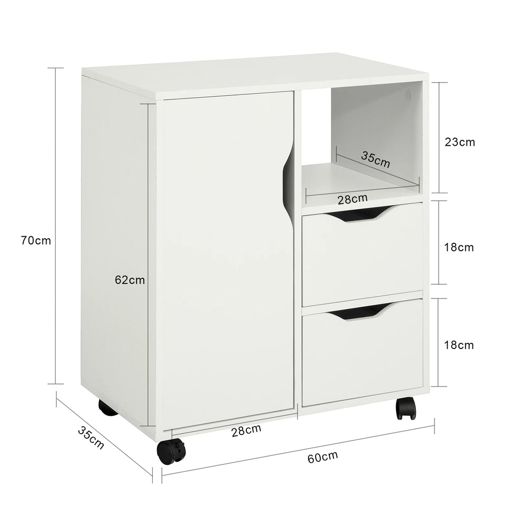 SoBuy FBT105-W mesa impresora con 2 cajones y 1 puerta archivos armario rollo contenedor carrito de oficina carrito lateral contenedor de oficina Blanco
