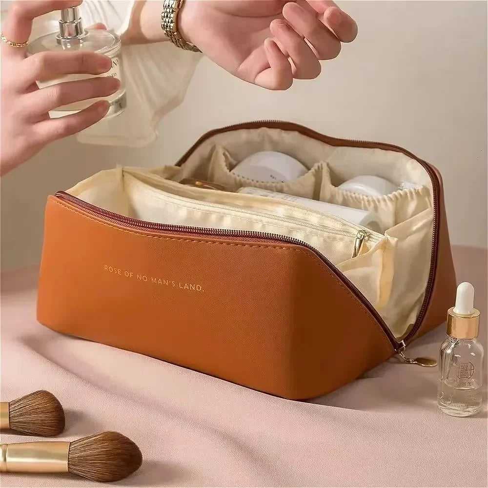 Bolsa de cosméticos de viaje grande para mujer, organizador de maquillaje de cuero, neceser femenino, estuche de maquillaje, bolsa de almacenamiento, caja de lujo para mujer