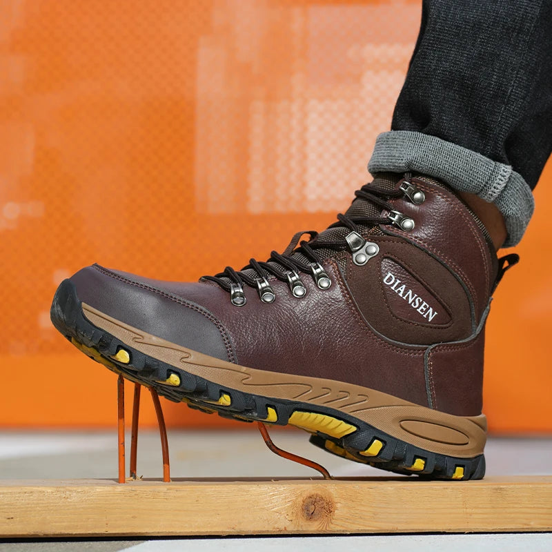 Botas de seguridad de trabajo indestructibles de cuero impermeables para hombre, botas militares para exteriores, zapatos industriales antigolpes y antipinchazos para hombre