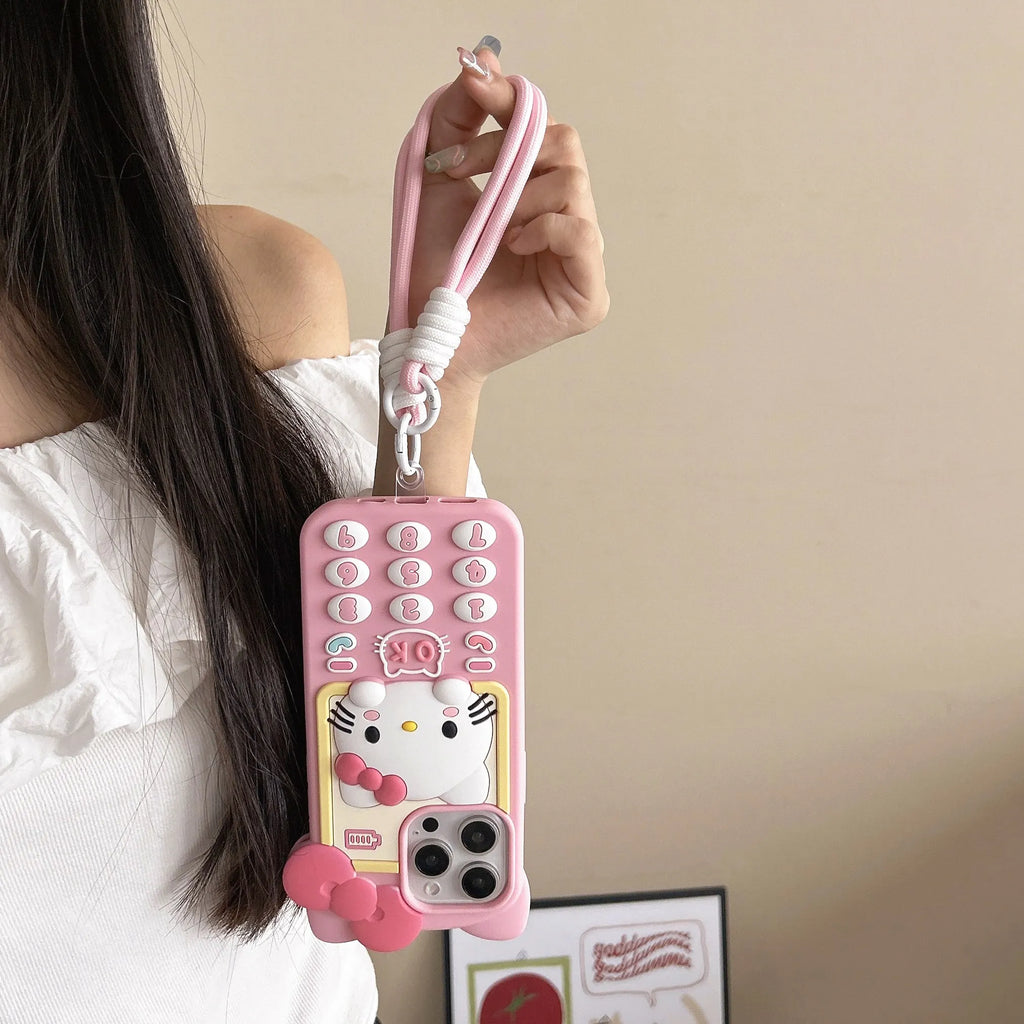 Lindo teléfono 3D Hello Kitty funda de teléfono para iPhone 17 16 15 14 13 Pro Max Plus 17 Pro cubierta de silicona suave de dibujos animados con cordón