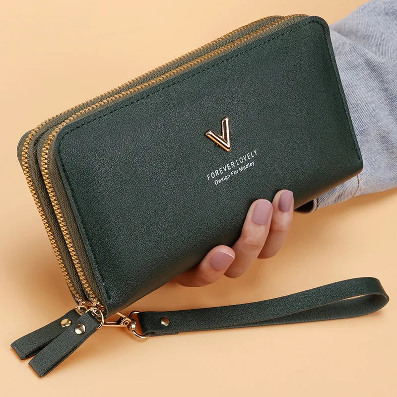 Cartera larga para mujer, monederos con borlas, tarjetero, billeteras con doble cremallera, bolso de mano de cuero Pu, bolso de lujo para dinero y teléfono