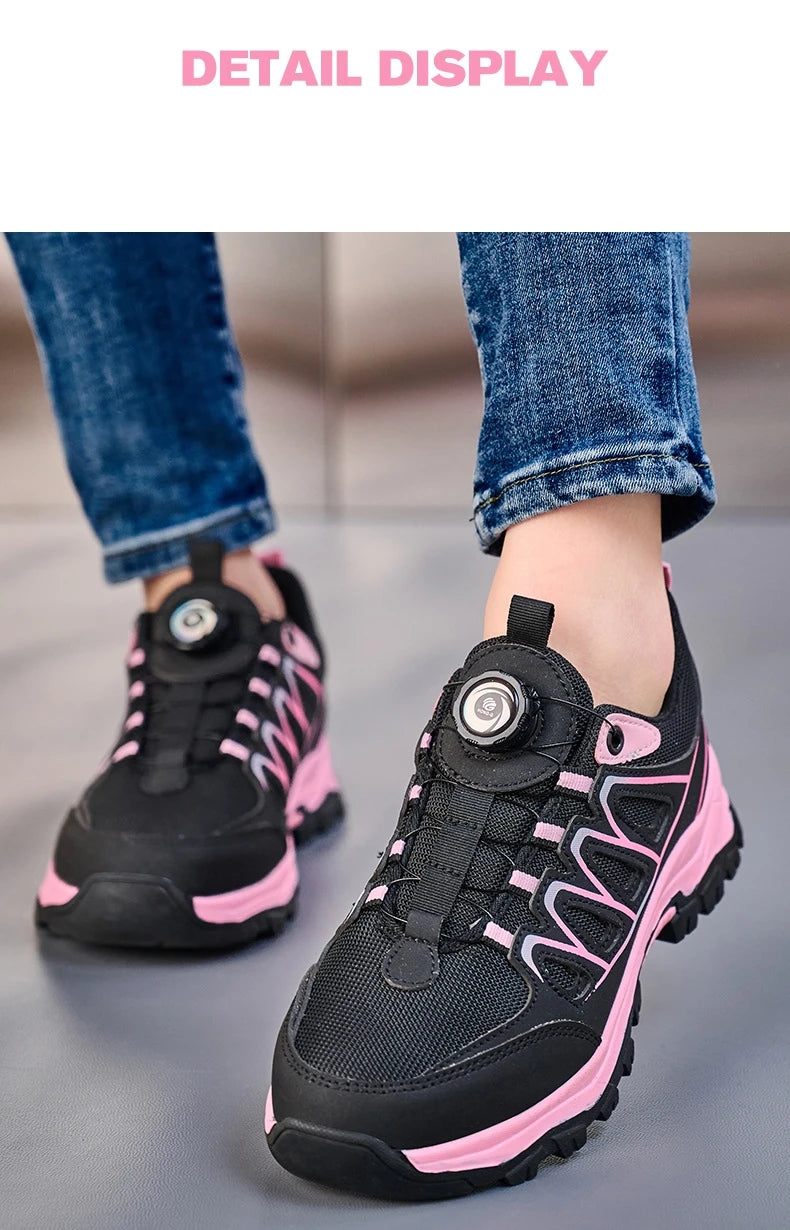 Zapatos de seguridad para el trabajo para mujer, zapatillas de trabajo con punta de acero, botón giratorio, transpirables, antideslizantes, protección a prueba de pinchazos, botas de seguridad rosas