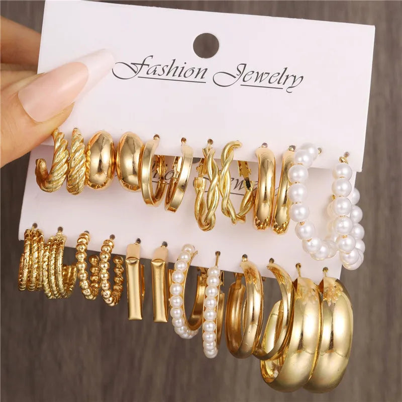 Conjunto de pendientes de aro bohemios de círculo grande para mujer, pendiente de perla Vintage bohemio de Color dorado, pendientes de circonita con forma de corazón, regalos de joyería