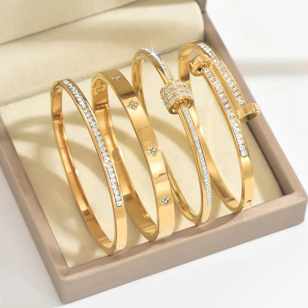 Pulsera apilable de acero de titanio para parejas, brazaletes de acero inoxidable con circonitas brillantes, color dorado, regalo de joyería para mujer