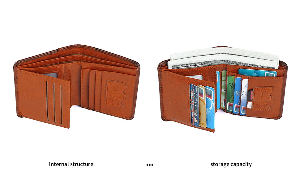GERUOLA Cartera delgada de cuero genuino con protección RFID para hombre, tarjetero multifuncional para identificación y tarjeta de crédito, color marrón oscuro con adornos