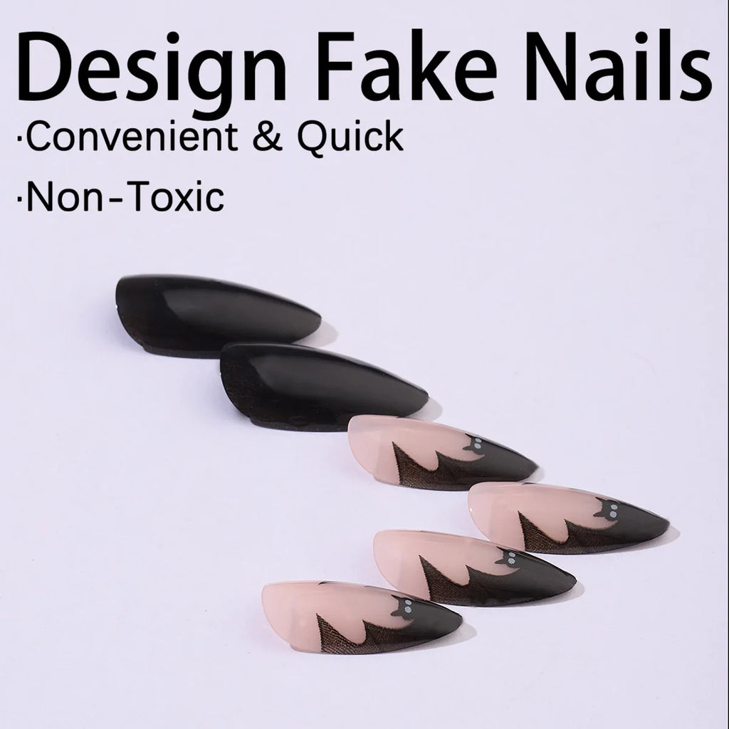 Uñas postizas negras con diseño de murciélago para Halloween, puntas de uñas decoradas con forma de almendra, con remaches y lazos, 24 unidades, uñas acrílicas reutilizables.