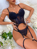 Conjunto de lencería erótica de encaje con decoración de lazo, sujetador íntimo calado con tiras, Tanga y liguero, lencería y ropa interior Sexy para mujer