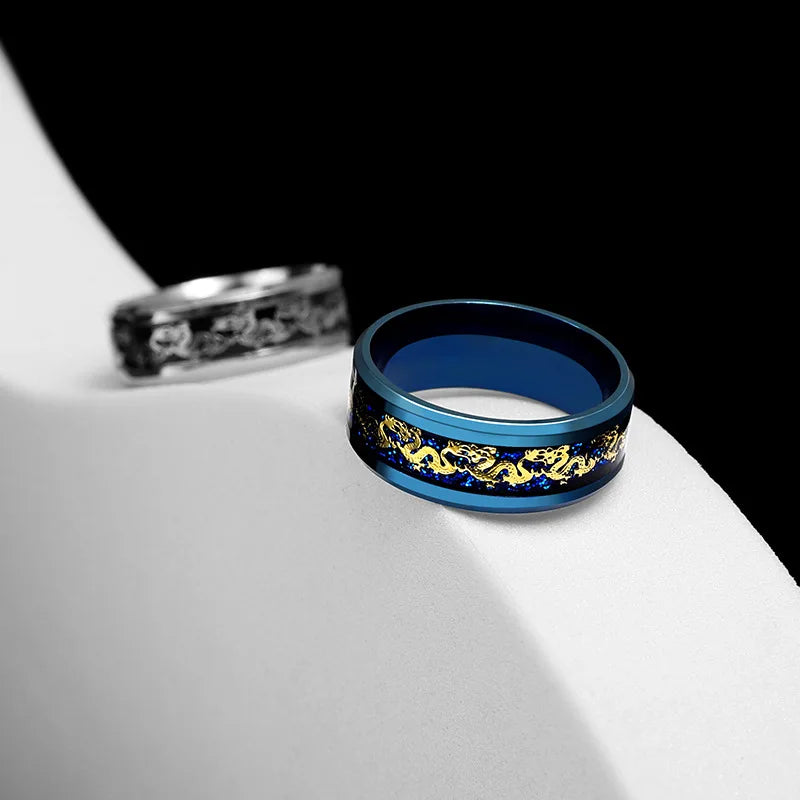 Anillos con diseño de dragón dominante de acero inoxidable de 8mm para hombres y mujeres, anillo Punk con incrustaciones de fibra de carbono azul, bagues pour femme