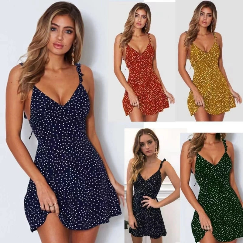 Camisola vestido sin mangas con cuello en V para mujer, minivestido Sexy con tirantes, ajustado, con cordones y lunares, informal, espalda descubierta