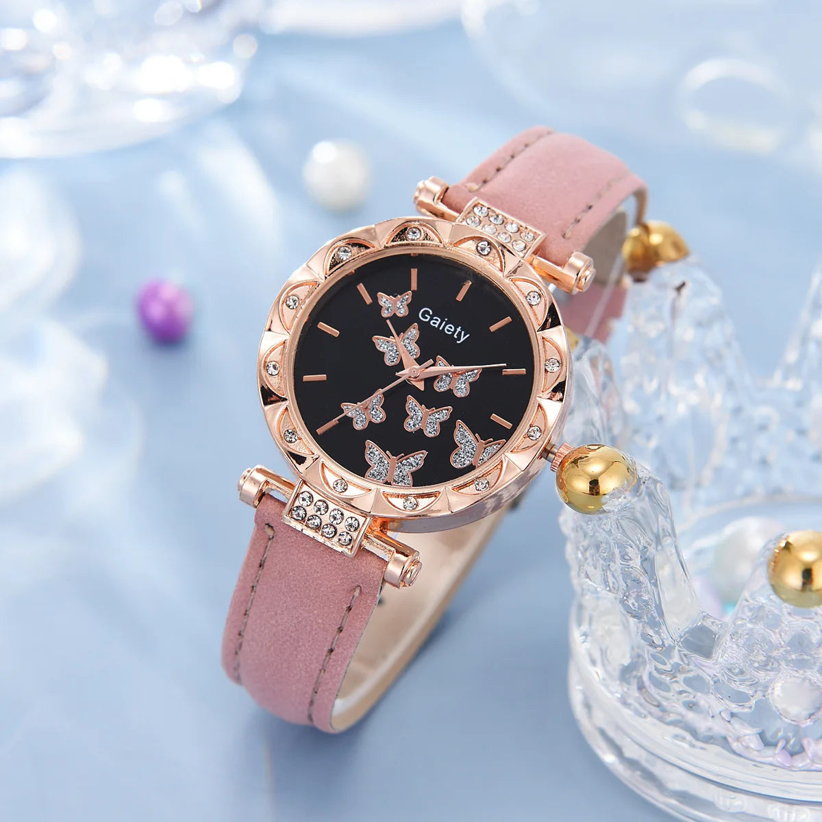 Conjunto de joyería de mariposa (sin caja), relojes para mujer, relojes de cuero para mujer, anillos, collar, pendientes, pulsera, regalo de boda