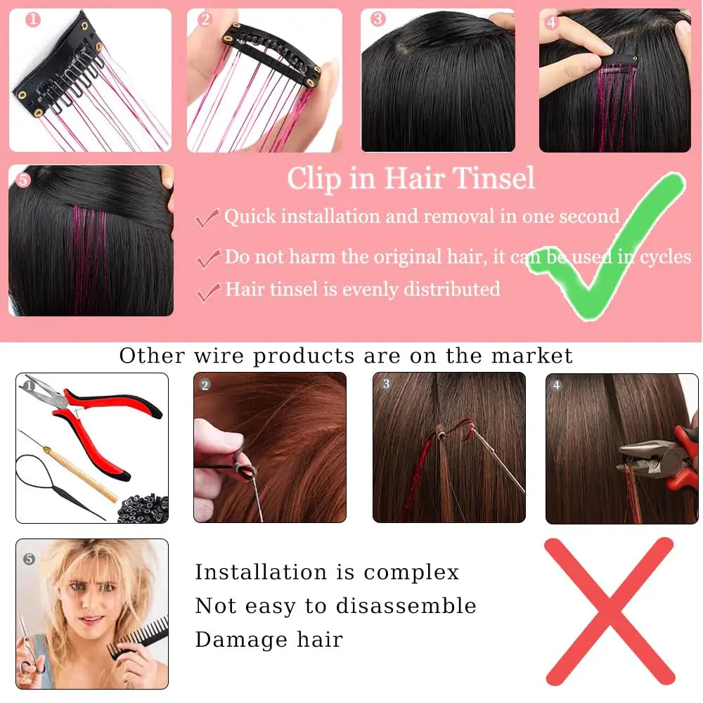 6 uds 50cm chispeantes pelo brillante oropel extensiones de cabello oropel extensiones de Clip de pelo sintético mujeres para tocado trenzado