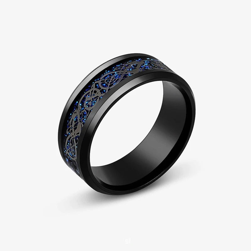 Anillos con diseño de dragón dominante de acero inoxidable de 8mm para hombres y mujeres, anillo Punk con incrustaciones de fibra de carbono azul, bagues pour femme