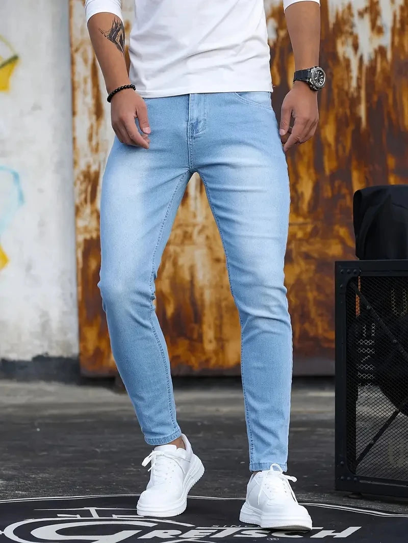 Pantalones de hombre Retro lavado cremallera pantalones vaqueros elásticos Casual pantalones ajustados pantalones de tubo de talla grande para hombre pantalones vaqueros ajustados de mezclilla para hombres