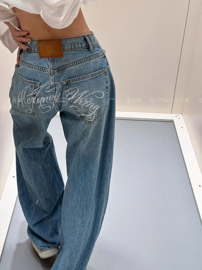 Pantalones vaqueros holgados de pierna ancha para mujer, pantalones informales, diseño Retro Vintage, estilo americano, moda de gran tamaño desgastada elegante