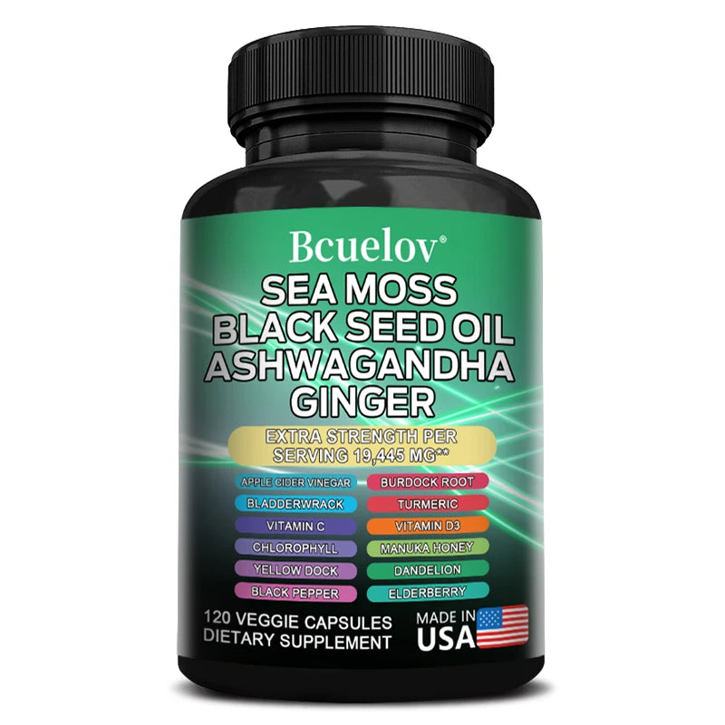 Musgo marino, aceite de semillas negras, ashwagandha, jengibre - Fortalece el sistema inmunitario, promueve la digestión y la salud de las articulaciones, 120 cápsulas